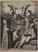 TvB G 0248
<br/>
De vier Kerkvaders Gregorius, Ambrosius, Augustinus en Hieronymus schrijven over de Heilige Eucharistie
<br/>
<em>Bloemaert, Cornelis (1603-1692)</em>